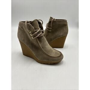 Michael Kors Womens Rory Boot Size 6.5 Tan Suede Wedge Lace Up Bootie Crepe Sole